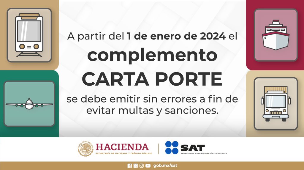 Recuerda emitir tus facturas con complemento Carta Porte sin errores. Si requieres más información, consulta: 

- omawww.sat.gob.mx/cartaporte/Pag…
- omawww.sat.gob.mx/tramitesyservi…  

Para resolver cualquier duda llama a MarcaSAT: 
55 627 22 728, desde cualquier parte del país y (+52) 55 627 22