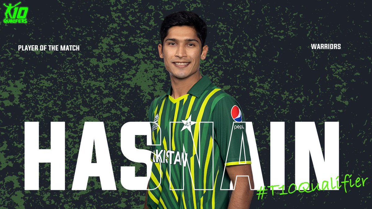 MatarAluTM's tweet photo. 🏆🌟 Outstanding performance by Mohammad Hasnain! 🚀🔥 Awarding him the Player of the Match for his sensational bowling figures of 1 wicket for just 5 runs in 2 overs, including a crucial over in the powerplay! 🏏💪 

#T10Qualifier Match 1 https://t.co/JN2hA6pYXt