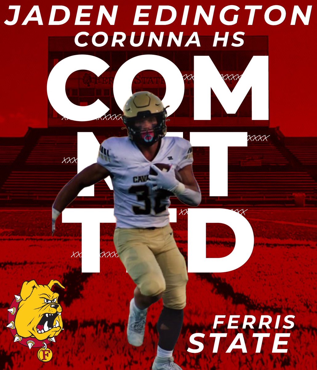 Jaden Edington (@jadenedington32) on Twitter photo With extreme gratitude, I am blessed to announce my commitment to Ferris State University to further my academic and football career! I want to thank all my family and friends for the support and guiding me in the right direction. Go Dawgs 🔴🟡<a href="/CoachAnnese/">Coach Annese</a> <a href="/hodgimoto1/">Ryan Hodges</a> @GCaserta1 With extreme gratitude, I am blessed to announce my commitment to Ferris State University to further my academic and football career! I want to thank all my family and friends for the support and guiding me in the right direction. Go Dawgs 🔴🟡<a href="/CoachAnnese/">Coach Annese</a> <a href="/hodgimoto1/">Ryan Hodges</a> @GCaserta1