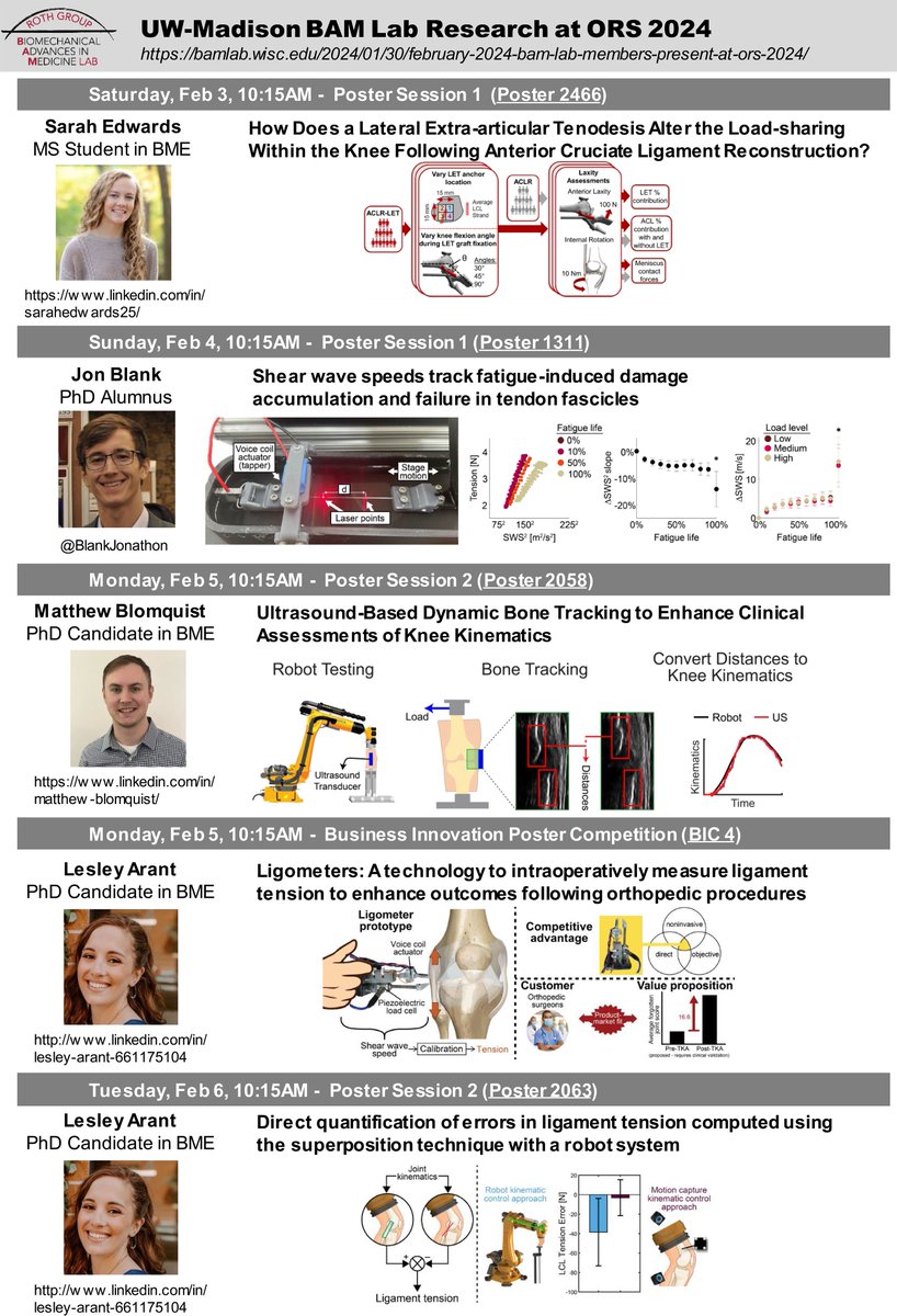 Roth Group: Biomechanical Advances in Medicine Lab (@uw_bamlab) on Twitter photo We're excited to share our work at #ORS2024! Come talk to Sarah, <a href="/BlankJonathon/">Jon Blank</a>, <a href="/ArantLesley/">Lesley Arant</a>, and <a href="/MB_Blomquist/">Matthew Blomquist</a> about their exciting research!
<a href="/wiscorthopedics/">UW Orthopedics and Rehabilitation</a> <a href="/UWMechEngr/">UW-Madison Mechanical Engineering</a> <a href="/UWMadison_BME/">UW-Madison BME</a> <a href="/WARF_News/">WARF (Wisconsin Alumni Research Foundation)</a> We're excited to share our work at #ORS2024! Come talk to Sarah, <a href="/BlankJonathon/">Jon Blank</a>, <a href="/ArantLesley/">Lesley Arant</a>, and <a href="/MB_Blomquist/">Matthew Blomquist</a> about their exciting research!
<a href="/wiscorthopedics/">UW Orthopedics and Rehabilitation</a> <a href="/UWMechEngr/">UW-Madison Mechanical Engineering</a> <a href="/UWMadison_BME/">UW-Madison BME</a> <a href="/WARF_News/">WARF (Wisconsin Alumni Research Foundation)</a>