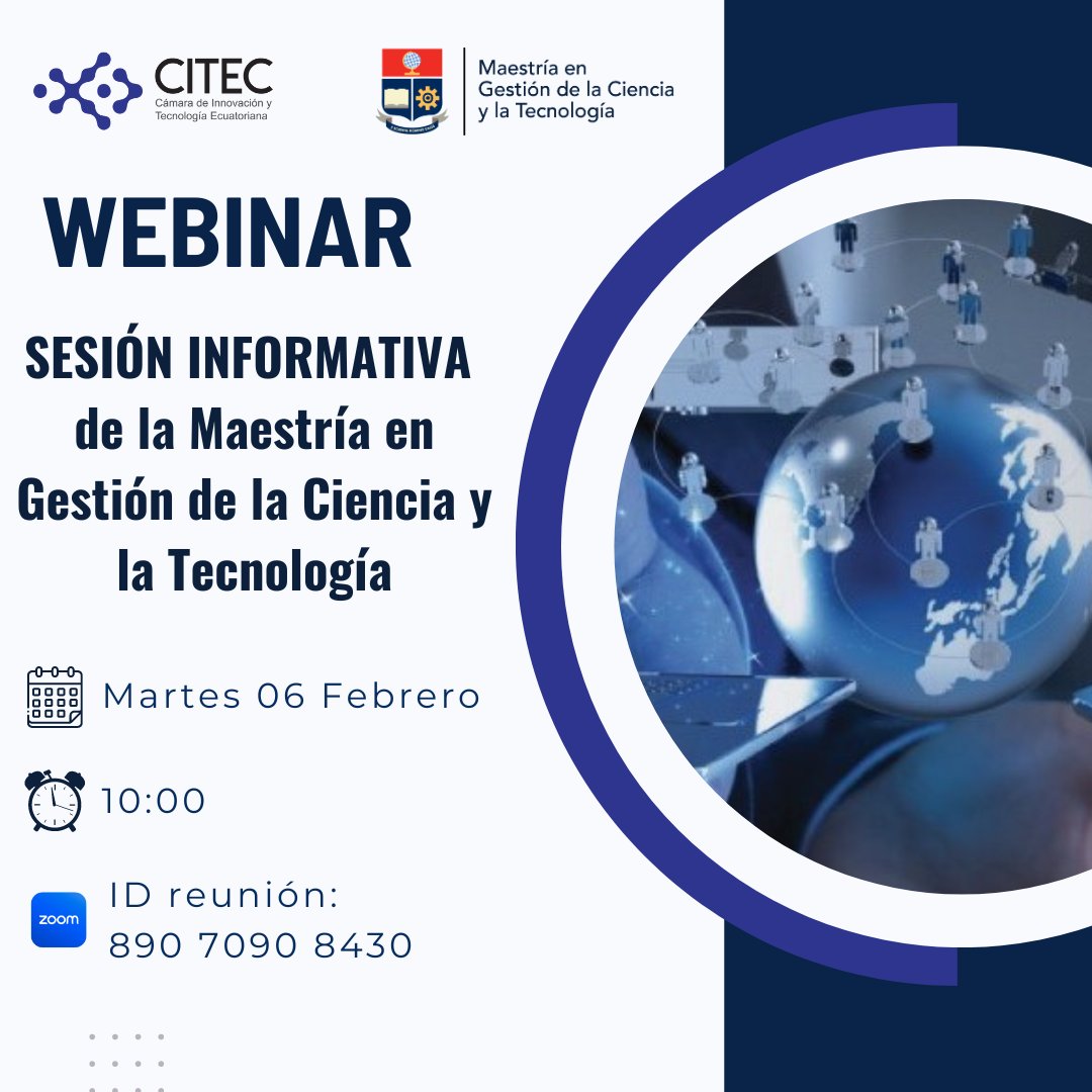 gestioncyt's tweet photo. SESIÓN INFORMATIVA CONVOCATORIA 2024-A | ¿Te interesa formarte como gestor o gestora de la ciencia y la tecnología en la @epn_ecuador ?

Conocerás sobre los detalles del proceso de admisión y la oferta de becas para iniciar tus estudios.

Link Registro: 
https://t.co/htZKVA3C63 https://t.co/ooDty2mL6U
