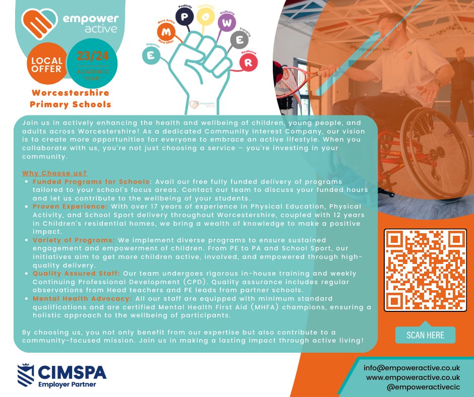 🌟 Your Partner in Positive Solutions! 🌈
Schools and Community's health and wellbeing with Empower Active! 🏃‍As a dedicated CIC, our mission is to provide more opportunities for everyone in Worcestershire through PESSPA| bit.ly/3t8fwl5
 #Worcestershirehour #PE #Schools