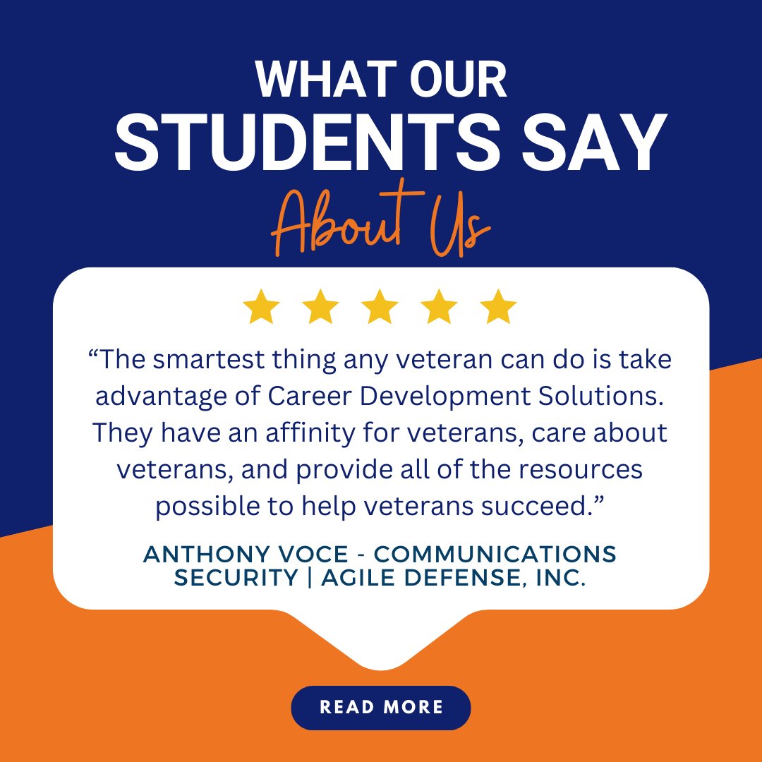 rtkmusic's tweet photo. "The smartest thing any veteran can do is take advantage of Career Development Solutions... They have an affinity for veterans, care about veterans, and provide all of the resources possible to help veterans succeed."
- Anthony Voce - Communications Security, Agile Defense, Inc. https://t.co/gcHG092UD7