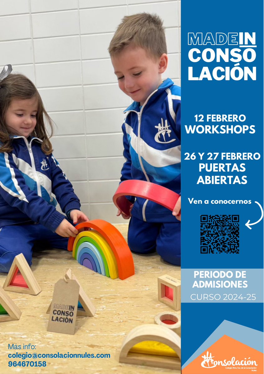 consolnules's tweet photo. 👉🏼 ¿Quieres conocer nuestro cole? 

Toma nota ✍🏼 de las siguientes fechas:  
🗓️WORKSHOPS 12 de febrero
🗓️PUERTAS ABIERTAS 26 y 27 de febrero

Inscripción a través del QR del cartel o del siguiente enlace: 

https://t.co/q37OFF5Gy1

¡Ven a conocernos! 💙

#consolacióneduca #confía https://t.co/GwbYA3QAPx