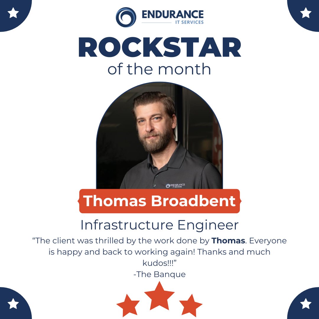 EnduranceITVA's tweet photo. 🌟Meet our STAR performer of the month!
Join us in celebrating Thomas for being an exceptional team member. You're a ROCKSTAR!🤘
#EmployeeEngagement #EmployeeExperience #CustomerFeedback #CustomerSatisfaction #ShoutOut #JoinOurTeam #HamptonRoads #EnduranceITServices #WeMakeITEasy https://t.co/jc12ujOZ1x
