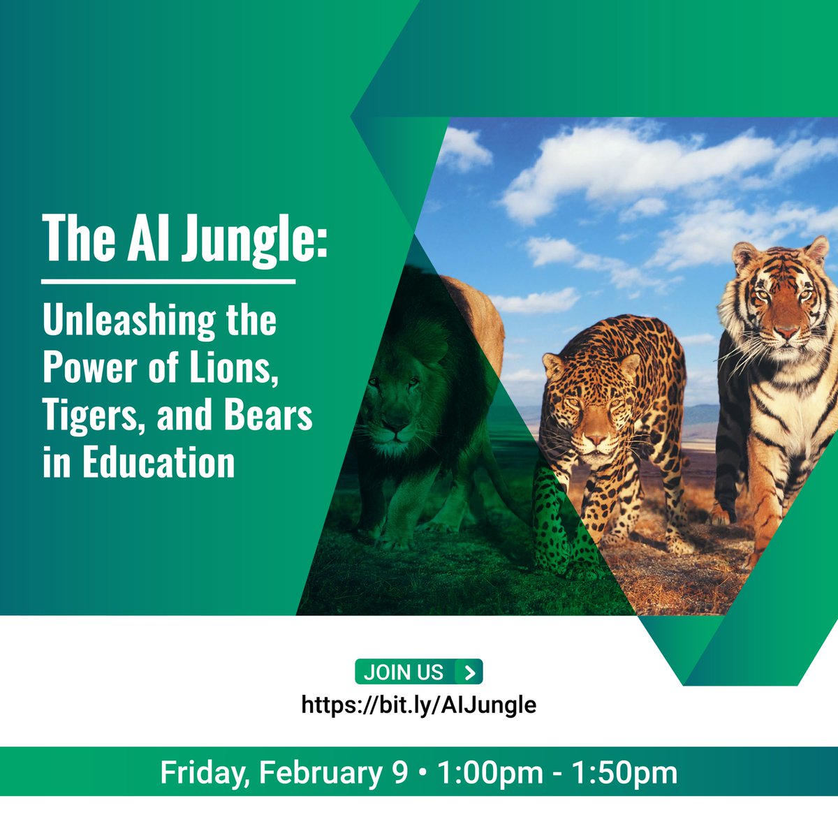 iJanetteCamacho's tweet photo. 🌿 Dive into the #AI Jungle with us! Explore how AI can empower your teaching on Feb 9 at 1:00 PM CST. Don't miss "The AI Jungle: Unleashing the Power of Lions, Tigers, and Bears in Education." 🤖📚 Register now: https://t.co/emiTbeknX7 #EdTech #AIinEducation #TeachTech #iteachai https://t.co/mRb2AAYuzk