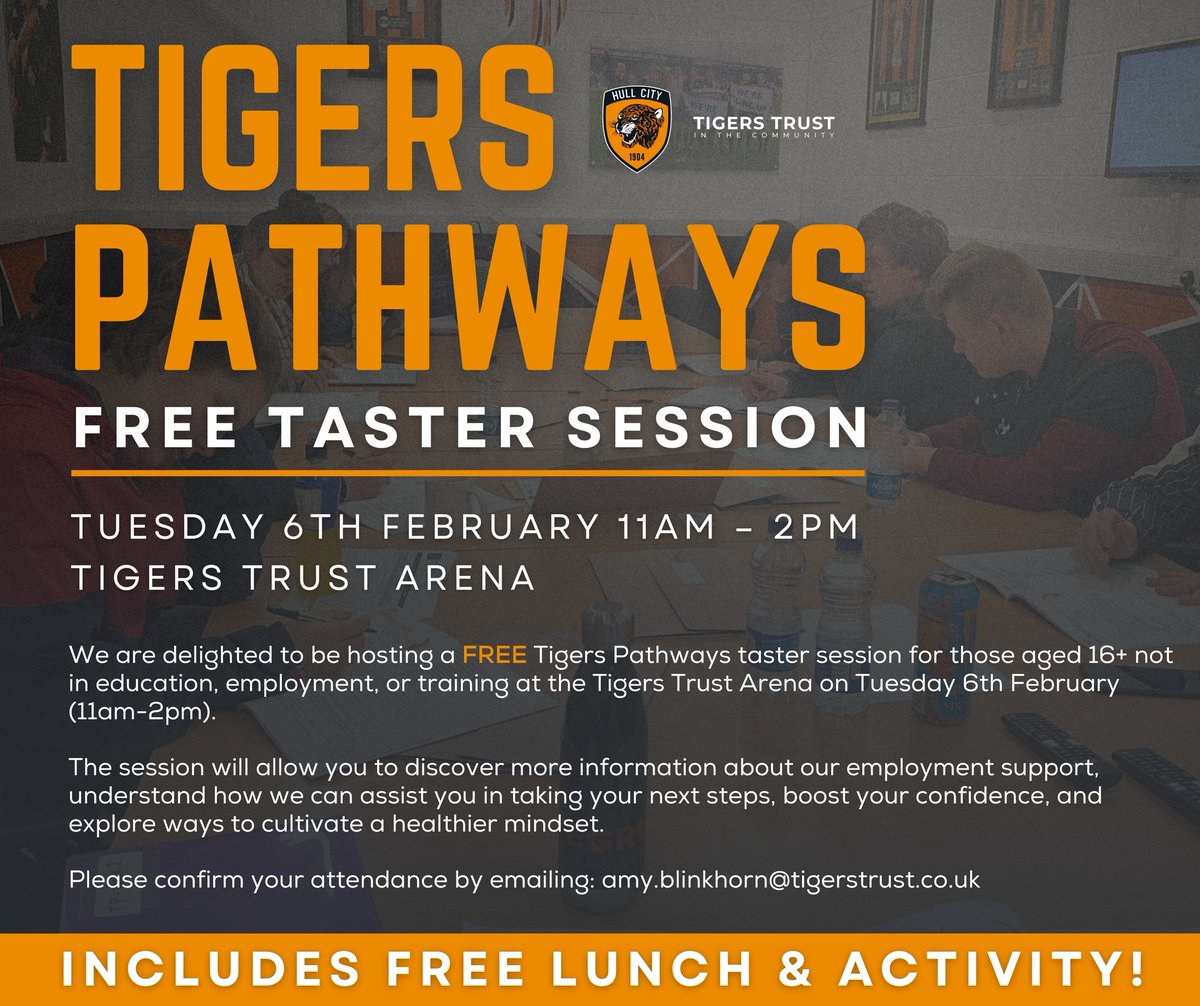 tigerstrust's tweet photo. We're hosting a 𝗙𝗥𝗘𝗘 Tigers Pathways taster session at the Tigers Trust Arena next Tuesday (11am-2pm) for ages 16+ not in education, employment, or training. 

Explore employment support, boost confidence, and cultivate a healthier mindset.

📧 amy.blinkhorn@tigerstrust.co.uk https://t.co/1rsD24GC8Z