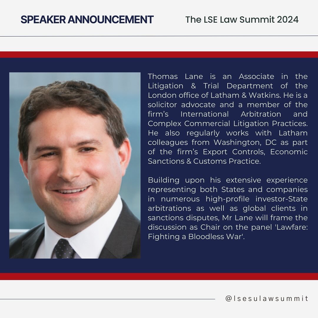 Join us in welcoming Thomas Lane as the esteemed chair for the “Lawfare: Fighting a Bloodless War” panel at LSE Law Summit 2024!

Dive into insightful discussions on the strategic use of law in modern conflicts. 

@lathamwatkins

#LSElawsummit #lawstudent #Ise #lawconference