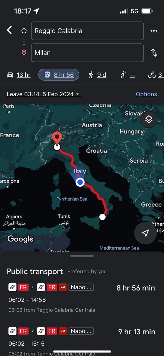 MPatheticus's tweet photo. @the_transit_guy Same distance in Italy. Train is 3 hours faster, cheaper and more comfortable. https://t.co/RwNEyeMqjq