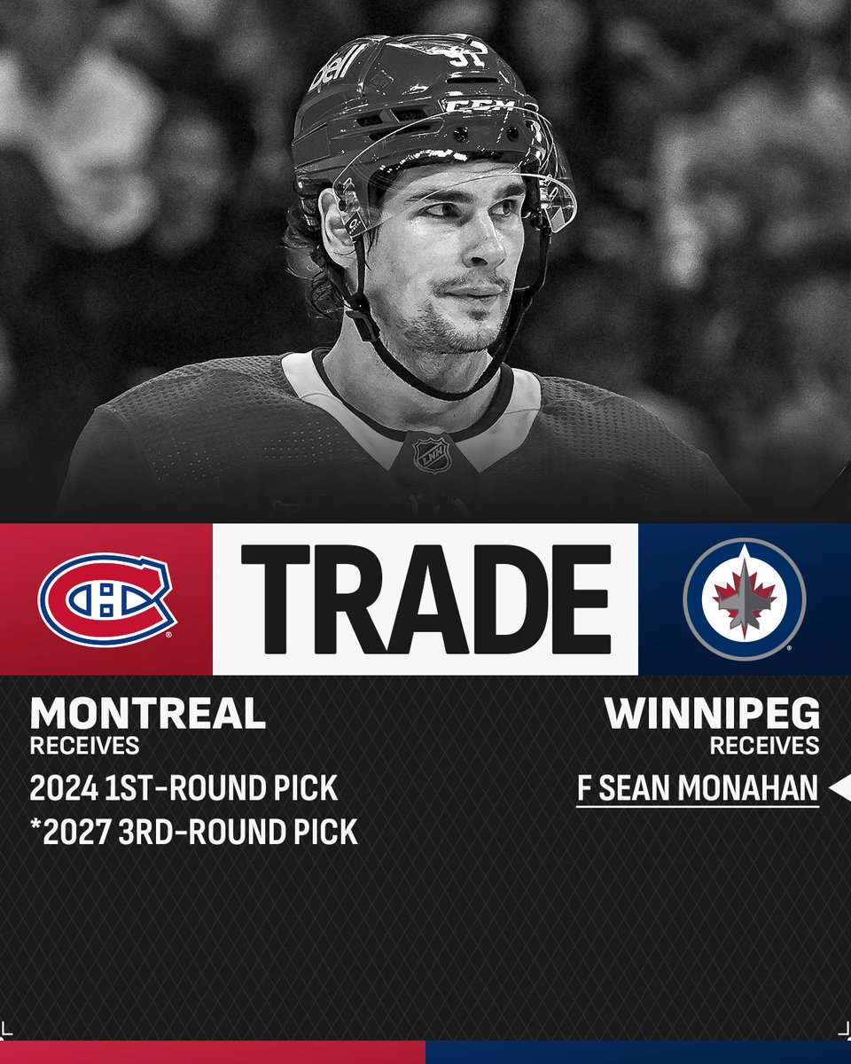 NHL's tweet photo. Monahan is off to Winnipeg! ✈️

The @NHLJets acquire Sean Monahan from the @CanadiensMTL. https://t.co/RfM3KAJmOU
