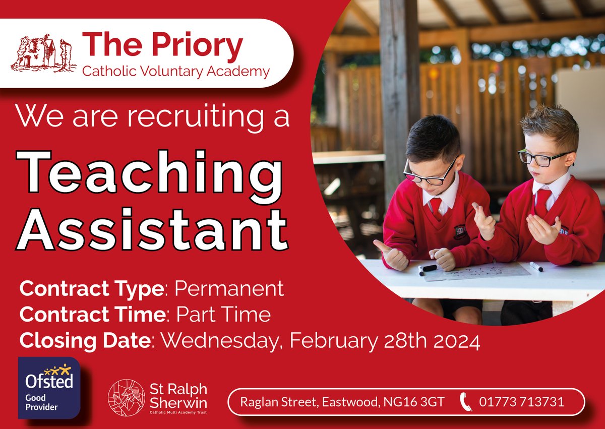 If you know of anyone who would be interested in applying for a teaching assistant role here at the Priory Catholic, please share this post. Should you be interested please visit the St Ralph Sherwin Trust website and look at vancancies. Thank you The Priory Team.