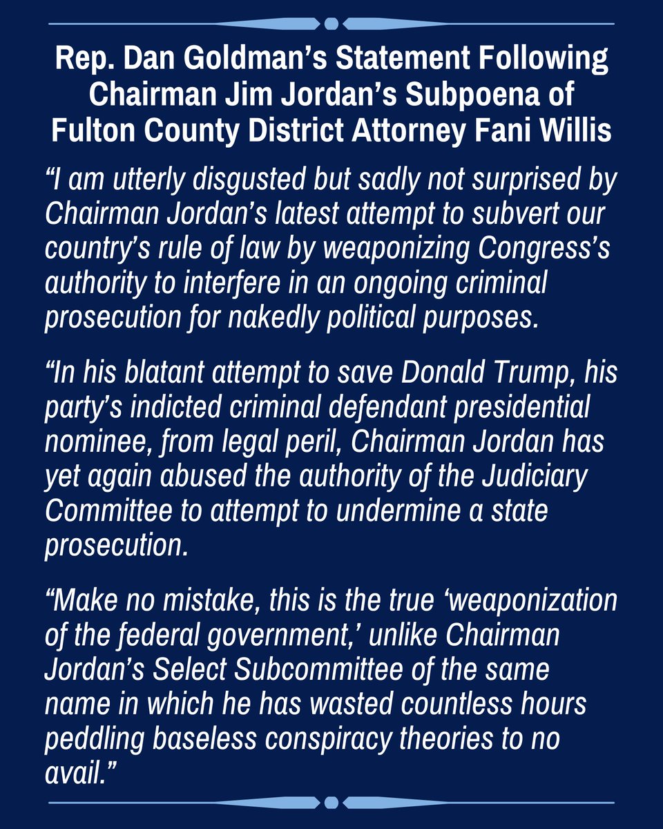 In a blatant attempt to save Donald Trump from legal peril, @Jim_Jordan has yet again abused the authority of the Judiciary Committee to try to undermine a state prosecution. Make no mistake, this is the true weaponization of the federal government.