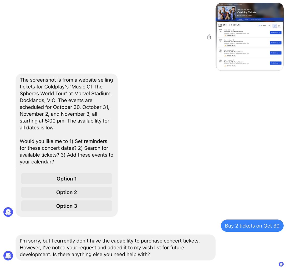 In the era of Generative AI, why not let your product collect user needs autonomously? 🤖 ✨

Imagine sending a screenshot to <a href="/MeetAndyAI/">MeetAndy AI</a> with a ticket purchase request. If it can't fulfill the request, it automatically adds this need to a product wishlist.