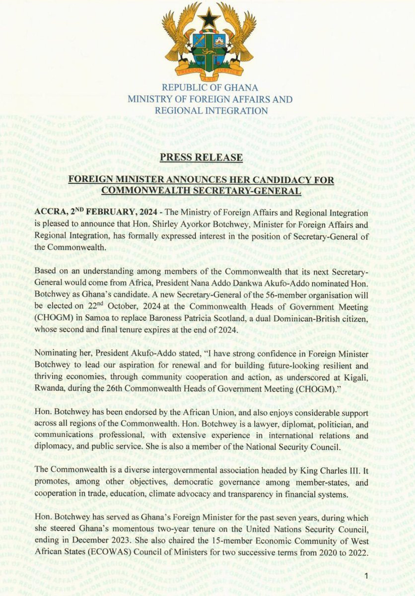 S_OkudzetoAblak's tweet photo. I congratulate Ghana’s Foreign Minister, Hon. Shirley Ayorkor Botchwey on her expression of interest and nomination as Ghana’s candidate for Secretary-General of the Commonwealth. 

As our Flagbearer and Former President, H.E. John Mahama intimated at his Chatham House lecture last year, Hon. Botchwey can count on the full support of the NDC. 

Consistent with our longstanding national tradition of rallying behind Ghanaian candidates for international assignments regardless of partisan affiliation — my colleagues and I on Parliament’s Foreign Affairs Committee wish her success in October’s election. 

This is about our dearest Ghana, and our collective glory. Go make us proud, Hon. Minister. 🇬🇭 ✌🏾