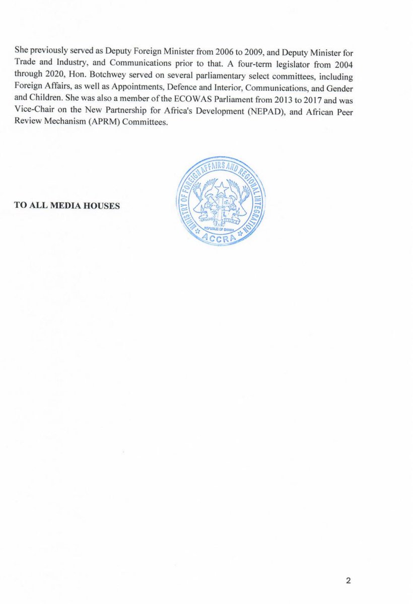 S_OkudzetoAblak's tweet photo. I congratulate Ghana’s Foreign Minister, Hon. Shirley Ayorkor Botchwey on her expression of interest and nomination as Ghana’s candidate for Secretary-General of the Commonwealth. 

As our Flagbearer and Former President, H.E. John Mahama intimated at his Chatham House lecture last year, Hon. Botchwey can count on the full support of the NDC. 

Consistent with our longstanding national tradition of rallying behind Ghanaian candidates for international assignments regardless of partisan affiliation — my colleagues and I on Parliament’s Foreign Affairs Committee wish her success in October’s election. 

This is about our dearest Ghana, and our collective glory. Go make us proud, Hon. Minister. 🇬🇭 ✌🏾