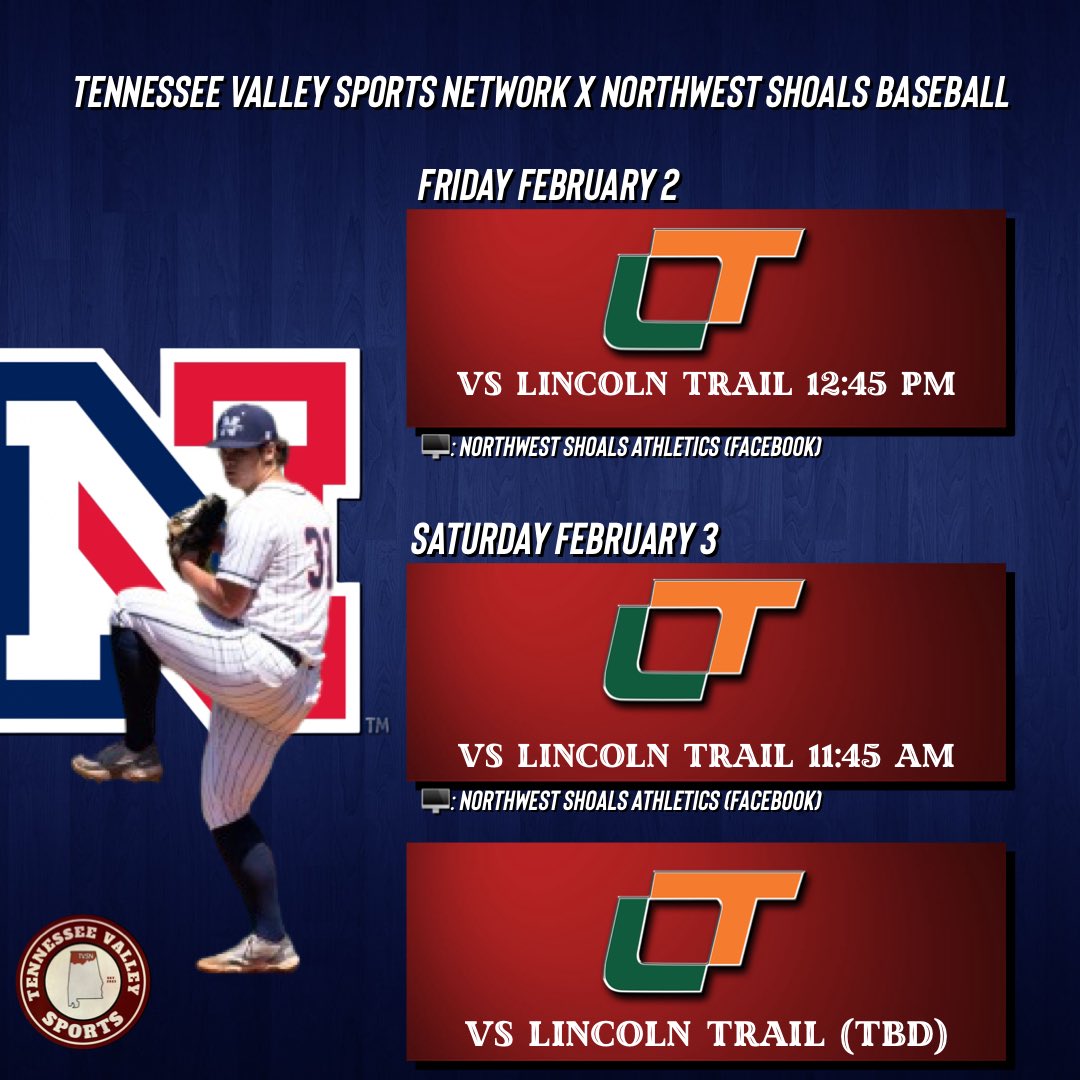 tnvalleynetwork's tweet photo. ANNOUNCEMENT: Tennessee Valley will be producing all home @NWSCC_Baseball games on Northwest Shoals Athletics Facebook Page. @noahbrady04 will be doing play-by-play duties. The season opener is TODAY vs Lincoln Trail. Coverage begins at approximately 12:45 PM CST. #nwscc https://t.co/B3MGZyTWy0