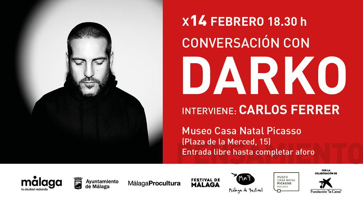 ⚫️ El Museo Casa Natal Picasso acoge el encuentro 'Conversación con <a href="/DDarko81/">D.Darko aka 1981</a>' en el que el pintor malagueño conversará con el historiador del arte e investigador <a href="/cfbarrera/">Carlos Ferrer Barrera</a>.

📆 Miércoles 14 de febrero a las 18:30 horas.
📍 <a href="/CnatalPicasso/">Museo Casa Natal Picasso</a>.