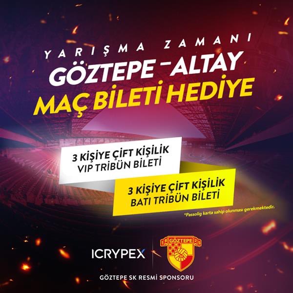 Şanlı <a href="/Goztepe/">Göztepe Spor Kulübü</a> taraftarına Göztepe - Altay maç bileti ICRYPEX'ten hediye!
 
🎟️ 3 kişiye çift kişilik Batı Tribün Bileti
🎟️ 3 kişiye çift kişilik VIP Tribün Bileti
 
kazanmak için:
 
👉🏻 <a href="/icrypex/">.</a> X hesabını takip et!
👉🏻 Bu postu beğen ve yeniden paylaş!
👉🏻 Maça birlikte gitmek