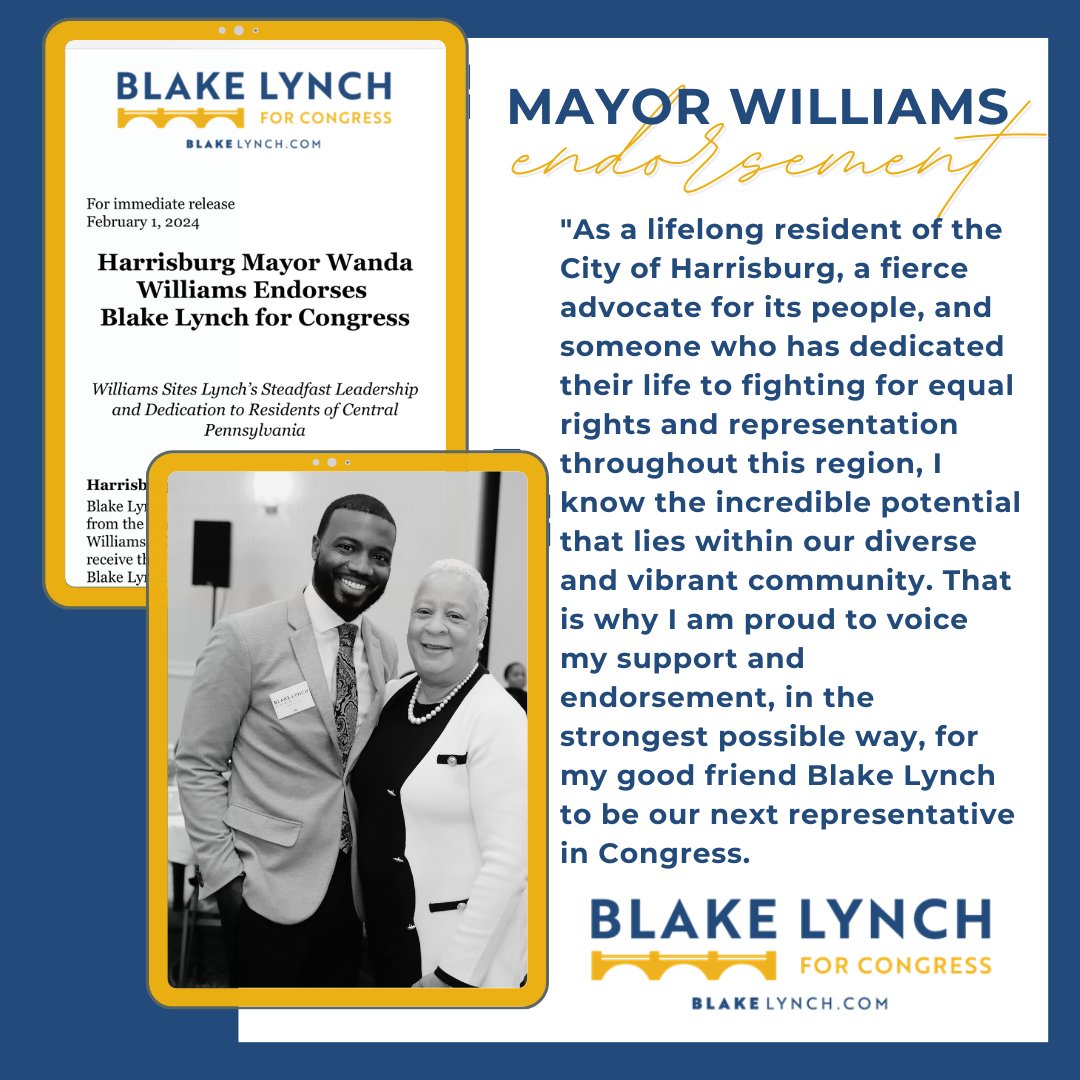 BlakeLynch4PA's tweet image. Thank you @thecityofhbg Mayor Wanda Williams for your endorsement of our campaign! The faith you have in my ability to represent us in Washington is humbling.

#teamblake #fromhereforus #pa10