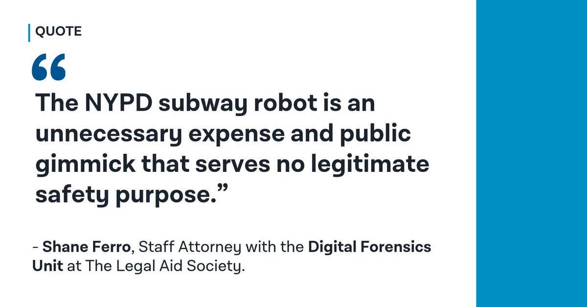 BREAKING: The NYPD's wasteful and dystopian robot will no longer patrol the Times Square subway station. Its deployment breached the POST Act, which requires basic transparency over the NYPD's proposed use of invasive technologies. Good riddance! More: legalaidnyc.org/wp-content/upl…