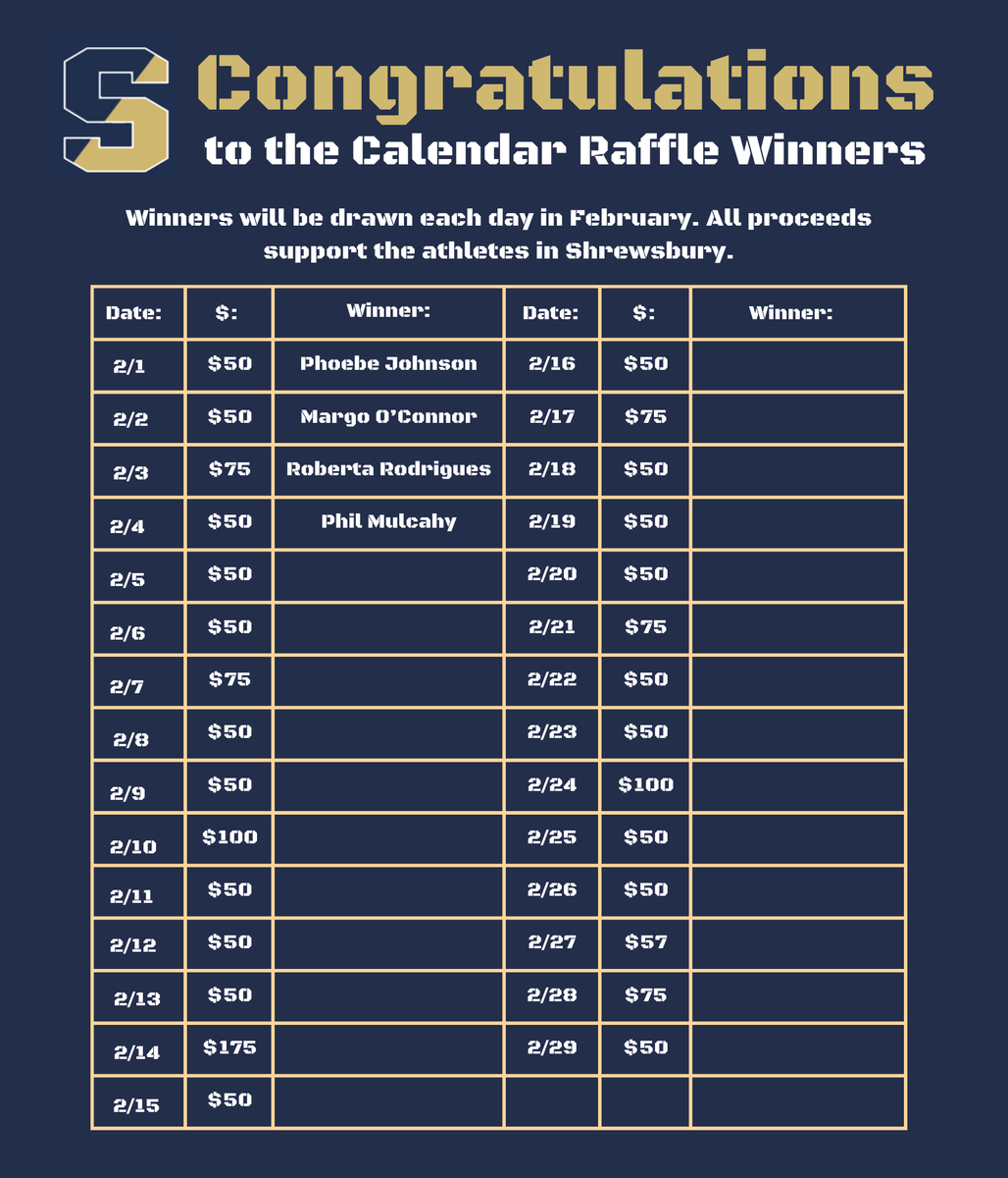 ColonialBooster's tweet photo. Here are the latest winter calendar raffle winners! Good luck and thanks to everyone who donated! #shrewsburyboosters #shrewsburyathletics https://t.co/4F93Usx0LT