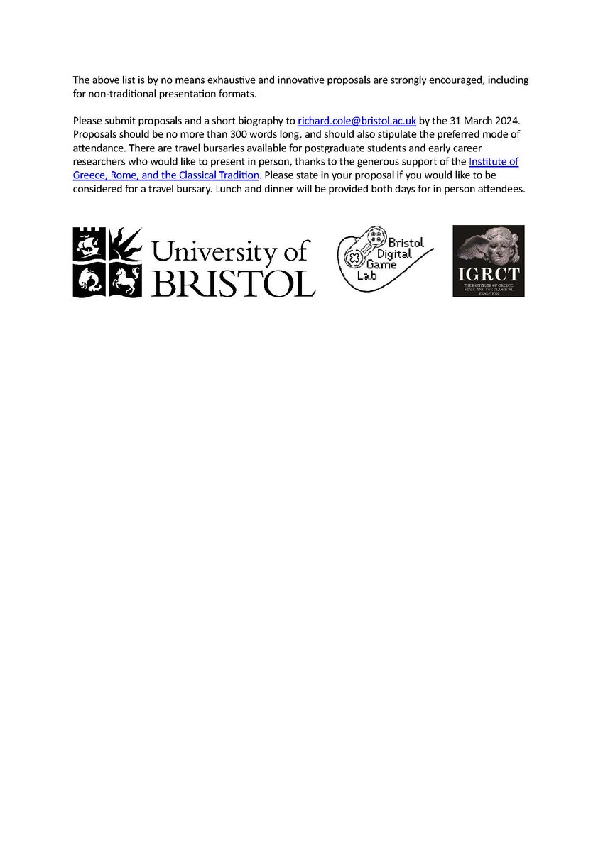 Announcing the call for #NewDirections in #Classics, #Gaming, and #ExtendedReality, a hybrid conference @BristolUni and online, 3-4 June 2024. Deadline 31 March. Looking forward to talking, playing, and experiencing the future of Classics, gaming and XR! #BristolDigitalGameLab