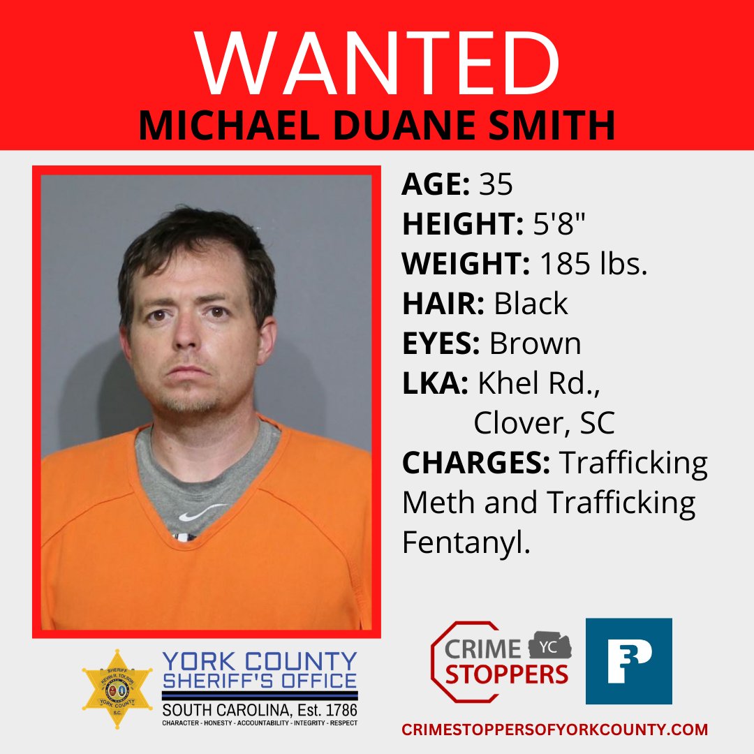 WANTED: Michael Duane Smith is #wanted for trafficking meth and trafficking fentanyl.
If you know where Michael Duane Smith is located, contact the YCSO at 803-628-3059 or submit a tip to #CrimeStoppers of York County <a href="/YCCrimeStoppers/">York Crime Stoppers</a> using the P3 tips app. #YCSONews
