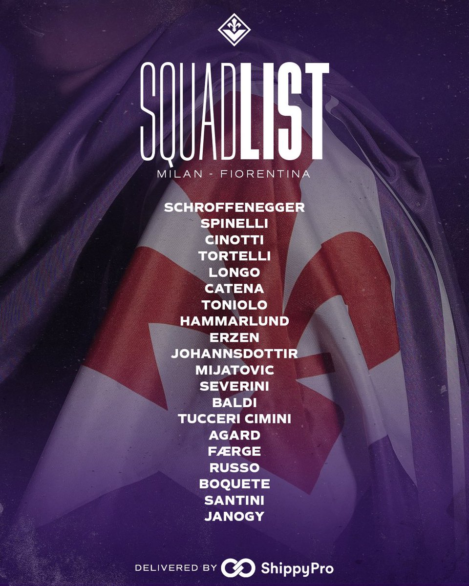 ACF_Womens's tweet image. 📋 | 𝗦𝗤𝗨𝗔𝗗 𝗟𝗜𝗦𝗧

👥 Le viola a disposizione per domani!
🚚 Delivered by @ShippyPro_ 
🖥️ LIVE su DAZN

#ForzaViola 💜 #MilanFiorentina