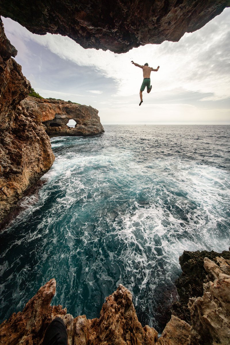 Balearic Sea, Mallorca, Spain. 2018 on assignment This beautiful chain of islands always inspired at the thought of deep water soloing among their prominent rock formations & sparkling shorelines.. but the cliff jumping is an equally incredible pastime. @prAna