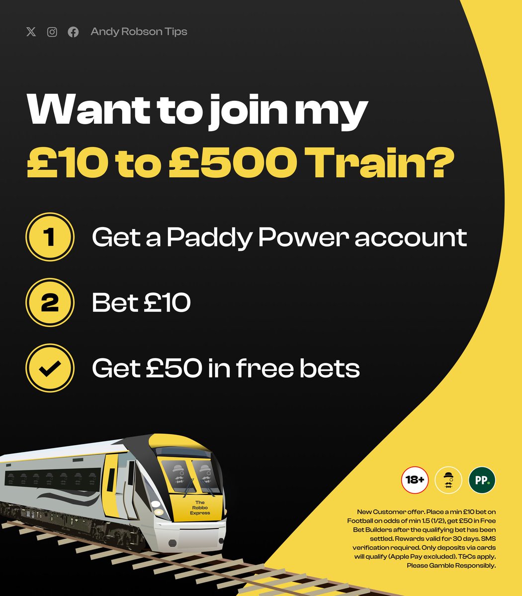 ✏️ Get set up for Bet 1.

Paddy Power are boosting odds to best price on every Train bet:

👉🏼 Join here: bit.ly/50FREE-Claim

Use my link to join, place £10 on Bet 1 &amp; you’ll get:

✅ £50 in Free Bets

✅ Best odds on every Train bet

18+, T&amp;Cs Apply. Ad.