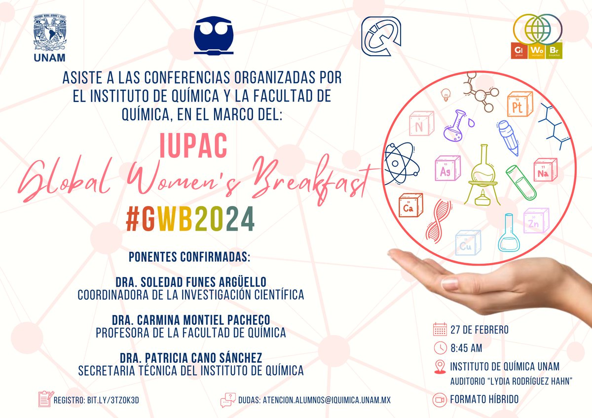 El #IQUNAM y la Facultad de Química invitan a las conferencias organizadas con motivo del Global Women's Breakfast #GWB2024
Ponentes: Dra. Soledad Funes, Dra. Carmina Montiel, Dra. Patricia Cano
📅27 de febrero ⏰8:45 h
📌Auditorio “Lydia Rodríguez Hahn” 💻bit.ly/3tZoK3D