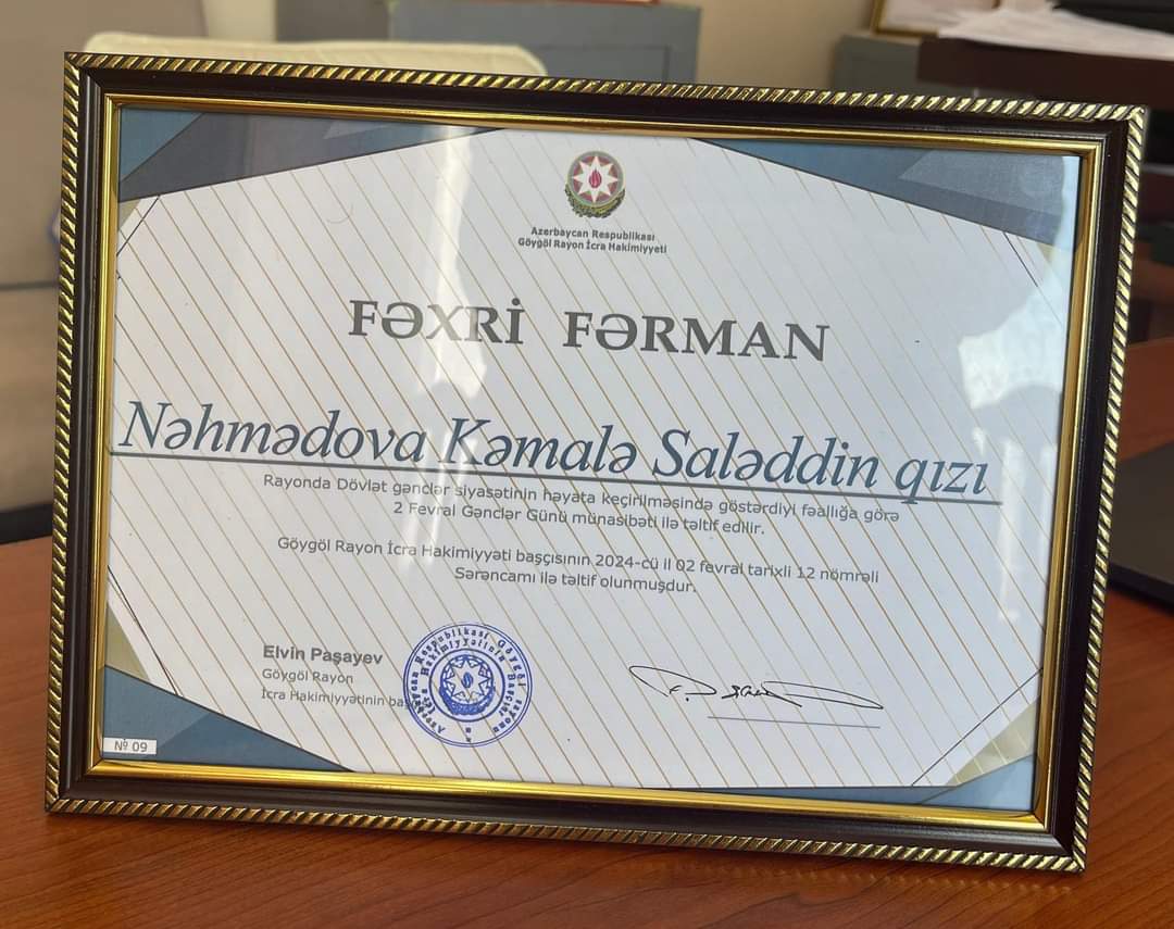 Kmal54884697's tweet photo. Göygöl rayonunda dövlət gənclər siyasətinin həyata keçirilməsində göstərdiyimiz fəaliyyətə görə - 2 Fevral Gənclər Günü münasibətilə rayon rəhbərimiz cənab Elvin Paşayevin müvafiq sərəncamına əsasən təltif olunduq. https://t.co/qU8rkPmxQQ