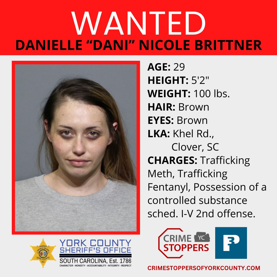 WANTED: Danielle Nicole Brittner is #wanted for trafficking meth, trafficking fentanyl, and possession of other controlled substances. She goes by the name Dani and could be with the wanted subject, Michael Duane Smith. 
Contact us or #CrimeStoppers of York County. #YCSONews