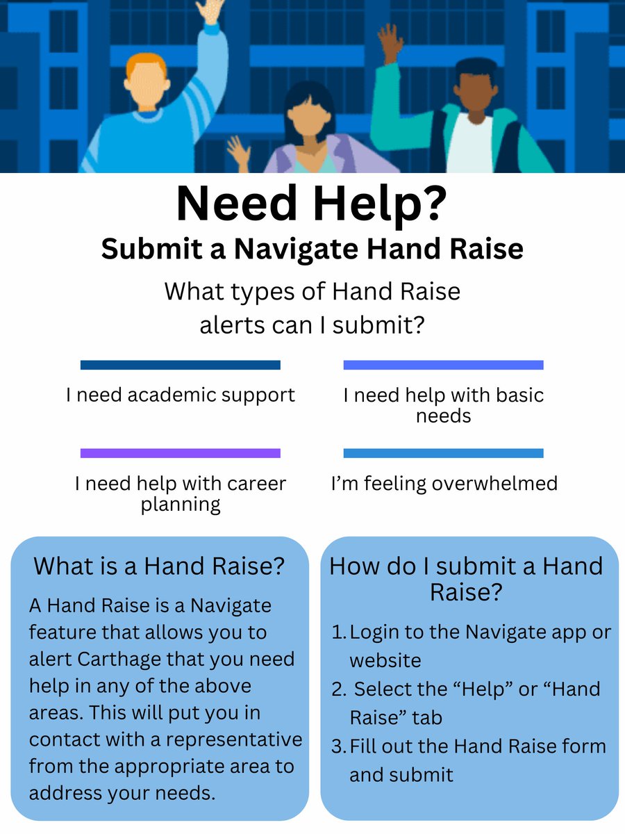 SuccessCarthage's tweet photo. Did you know you can submit a hand raise on Navigate? If you need help in any area, raise your hand and your concerns will be addressed! 
#CarthageSuccess https://t.co/6N1qJakFwH