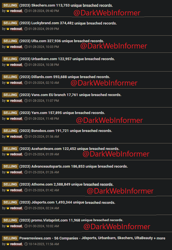 DarkWebInformer's tweet photo. Threat actor "redcoat" has posted multiple databases for sale. #Skechers #Luckybrand #Ulta #Urbanbarn #Dillards #Vans #Yarn #Bonobos #AceHardware #AdvanceAutoParts #Athome #Jdsports #Vistaprint #PowerReviews #Breach #Clearnet #DarkWeb #DarkWebInformer #Database #Leaks #Leaked #Cyberattack #Cybercrime