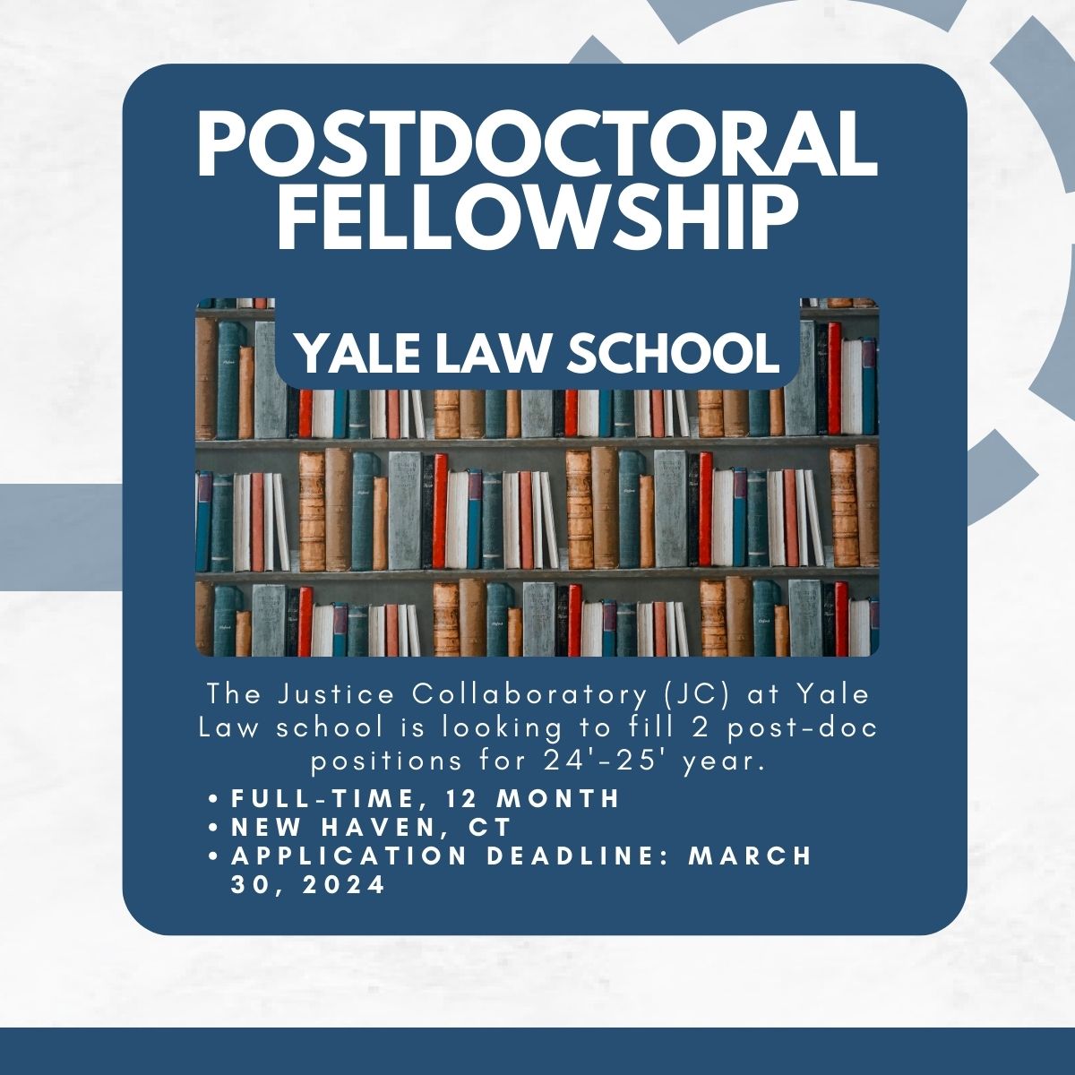 POSTDOC FELLOWSHIP OPPORTUNITY! The Justice Collaboratory (JC) at Yale Law School is looking to fill two postdoctoral positions for the '24-'25 academic year. The Application deadline is March 30th, 2024. See linktr.ee/apls_sc for more details!