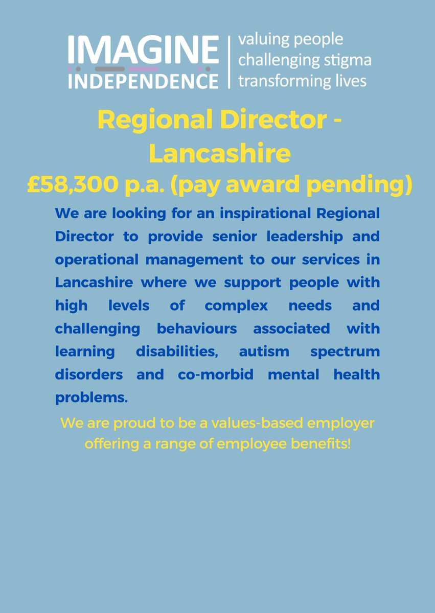 📢 #Vacancy Regional Director #Lancs to provide senior leadership &amp; operational management in Lancs region; £58,300 (pay award pending). Further info/how to apply here: tinyurl.com/ycy4jyem Closes 09 Feb! We're a #values-based employer, learn more at: tinyurl.com/ha6hba6d