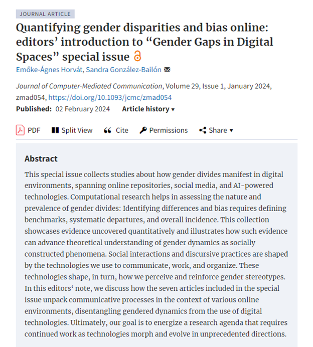 We are thrilled to announce #JCMC’s newest special issue on Gender Gaps in Digital Spaces edited by Sandra González-Bailón & Emőke-Ágnes Horvát. Read the introduction to this special issue here: doi.org/10.1093/jcmc/z… Articles include: