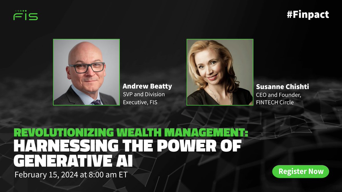 Wondering how #GenAI plays a role in #wealthmanagement? 

Join FIS’ Andrew Beatty &amp; <a href="/FINTECHCircle/">FINTECH Circle</a> CEO <a href="/SusanneChishti/">Susanne Chishti</a> as they reconvene for #Finpact to explore GenAI’s applicability, cross-industry impact, and regulatory oversight. Register today👉 spr.ly/6011pv69T