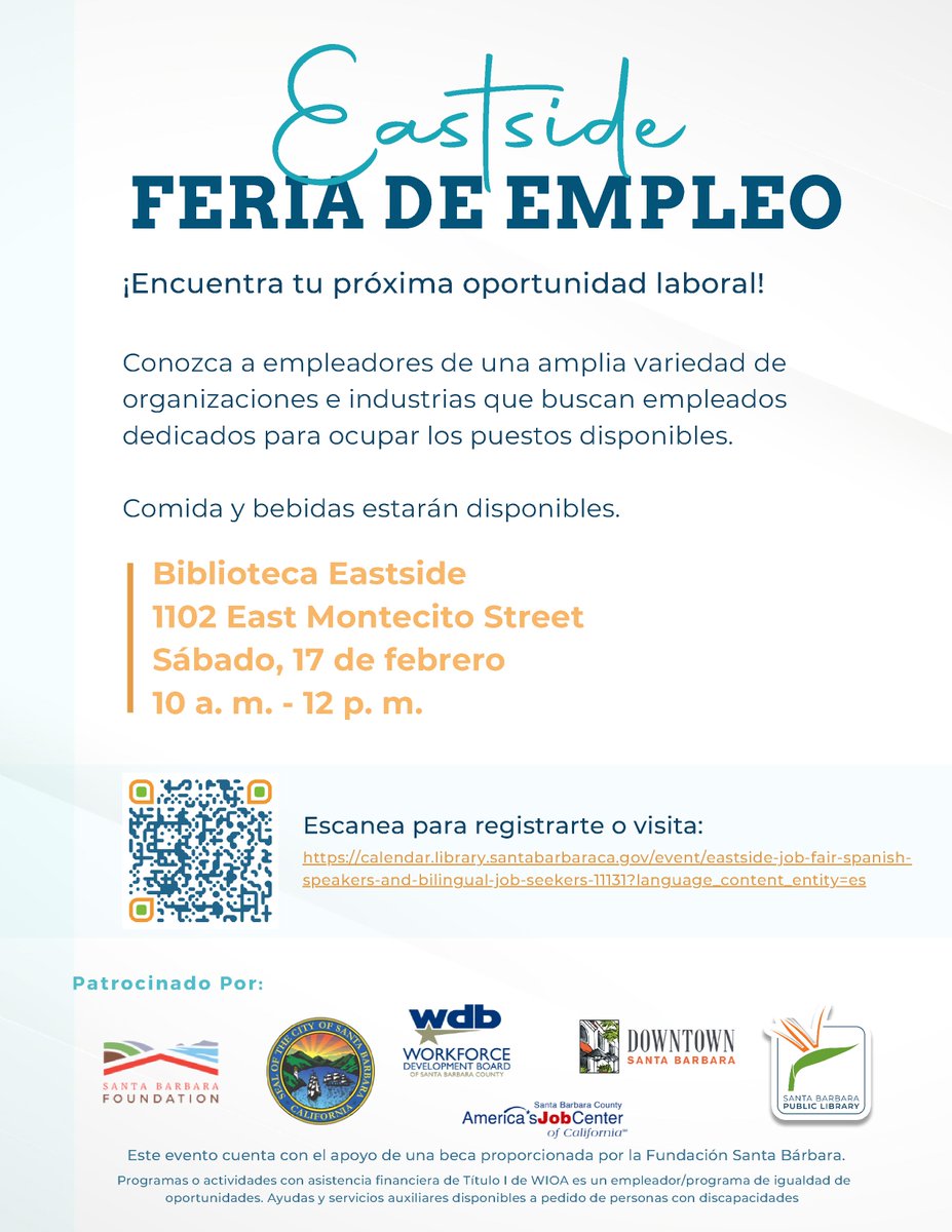 sbcajcc's tweet image. Saturday, February 17, 2024, from 10 AM to 12 PM,  📚  the Eastside Library invites Spanish-speaking and bilingual job seekers to a dedicated Job Fair.
See you there! 
#SBCountyJobs #CareerGrowth
#SBCWDB #SantaBarbaraCountyWorkforceDevelopmentBoard #JobFair #BilingualTalent