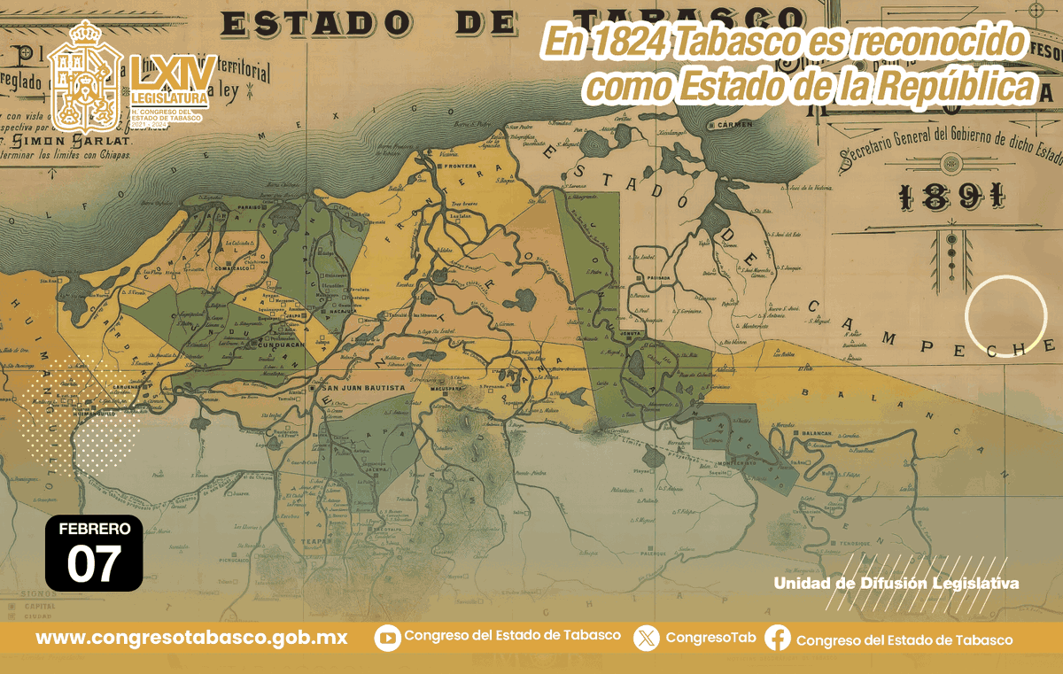 🗓 #Efeméride | 07 de febrero 

Por decreto del Congreso Constituyente, Tabasco es admitido oficialmente como el Estado número 13 fundador de la nueva República Federal 📜 

#CongresoTabasco #LXIVLegislatura
