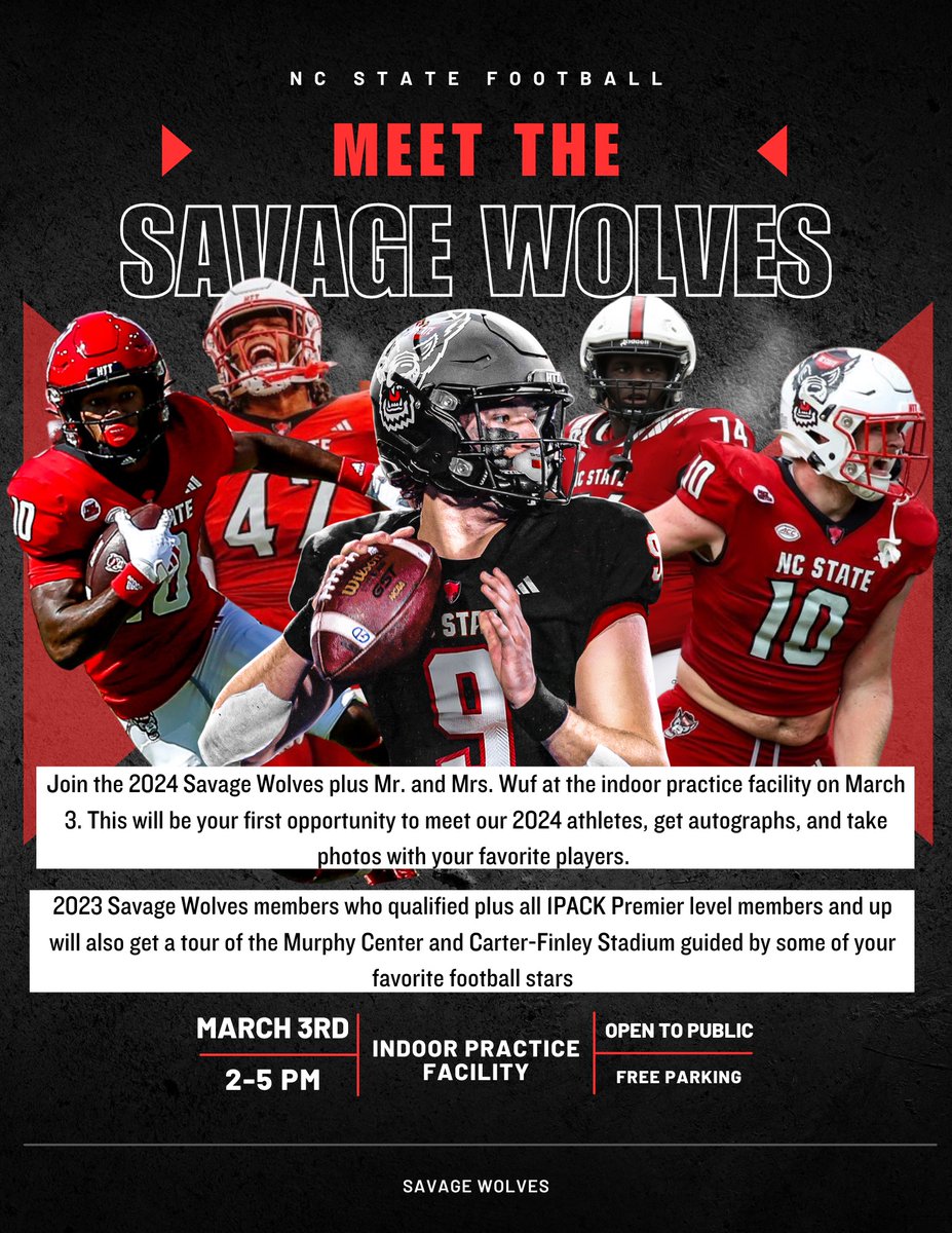 Meet The 2024 Savage Wolves When: March 3rd, 2-5PM Where: NC State Indoor Practice Facility 2023 Savage members and 1PACK Premier members and up will also get a tour of the Murphy Center. Come by to meet all of your favorite Savages for 2024! onepacknil.com/pages/1pack-fo…