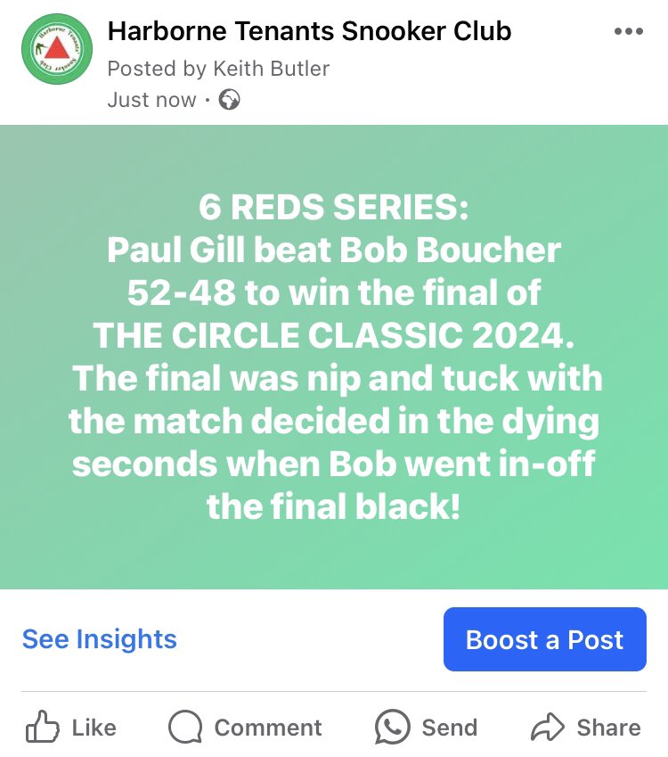 htsc1947's tweet image. The 7th 6 Reds of the 2023/2024 season was played last with Paul Gill defeating Bob Boucher 52-48 in see-saw, topsy-turvey final.  Bob losing out in the final seconds going in-off the final black!

#snooker #6reds #harborne #harbornevillage @WokChiKitchen