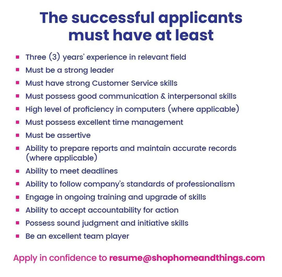 CareerJamaica's tweet photo. @homeandthingsja is hiring! 
• Retail Store Supervisor
• Retail Store Manager
• Merchandisers
• Sales Representatives
Apply in confidence to resume@shophomeandthings.com https://t.co/i3SwDvsChD
