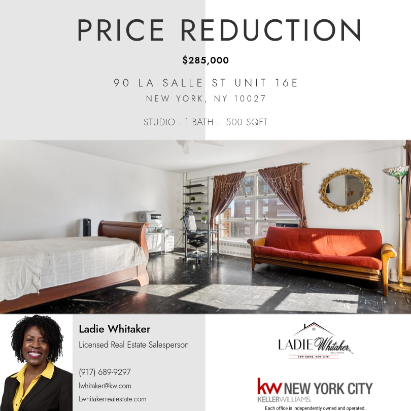 Reduced price alert! $285K Spacious Studio offers a budget-friendly option. Separate kitchen, expansive sky view - generous living space. Call or text TODAY! #forsale #studio #coop #househunting #dreamhome #morningsideheights #morningsidegardens #KWNYC #KWCore #kwnewyorkcity