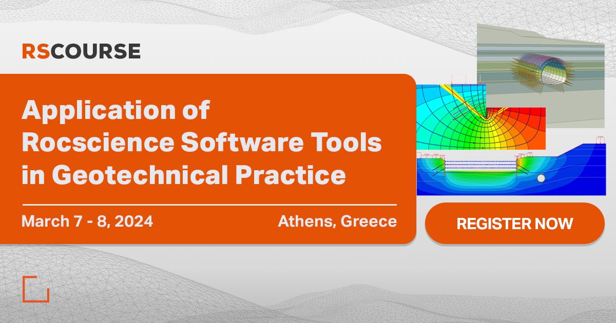 Rocscience's tweet image. Elevate your geotechnical skills with our exclusive course on the &apos;Application of Rocscience Software Tools in Geotechnical Practice,&apos; scheduled for March 7-8, 2024, in Athens, Greece. 

#Rocscience #FiniteElementAnalysis #LimitEquilibriumAnalysis
