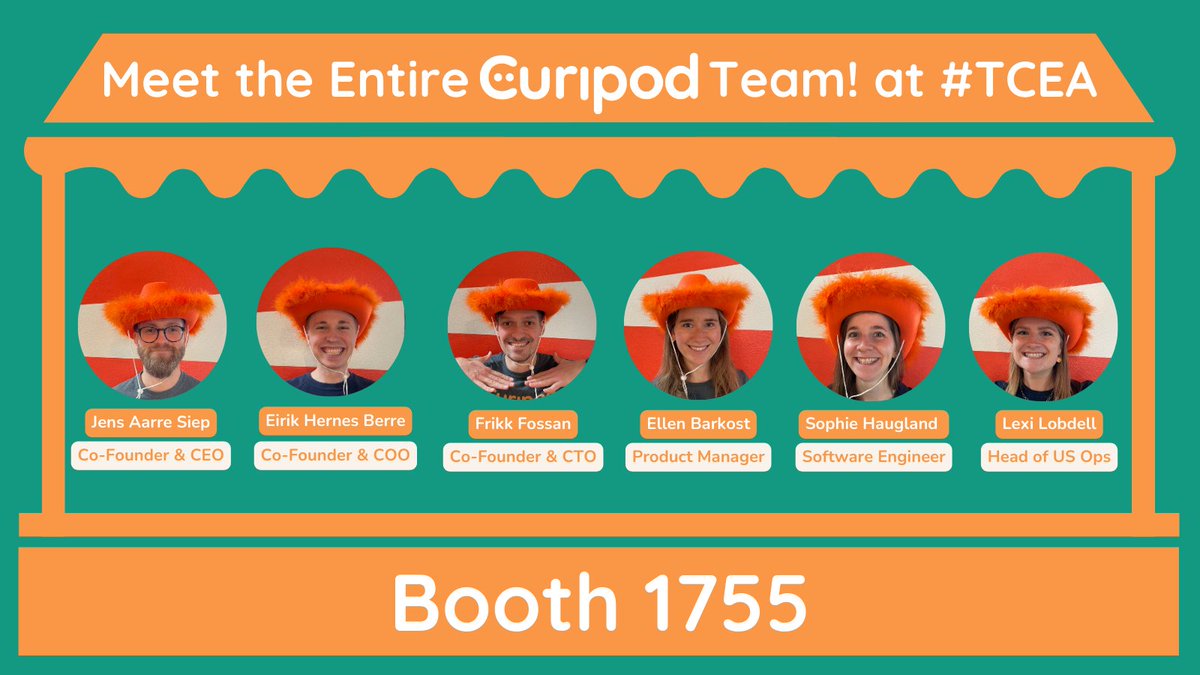Meet the ENTIRE <a href="/curipodofficial/">Curipod</a> team at #TCEA Booth 1755! We are so excited to see you 🤠

Come by our booth for: 
- Swag
- Demos
- Photos
- Smiles &amp; great conversations 

We are also hosting our curiosity meetup here 🧡 (Monday at 6pm): share.hsforms.com/1uyW56NLlTjCKg…