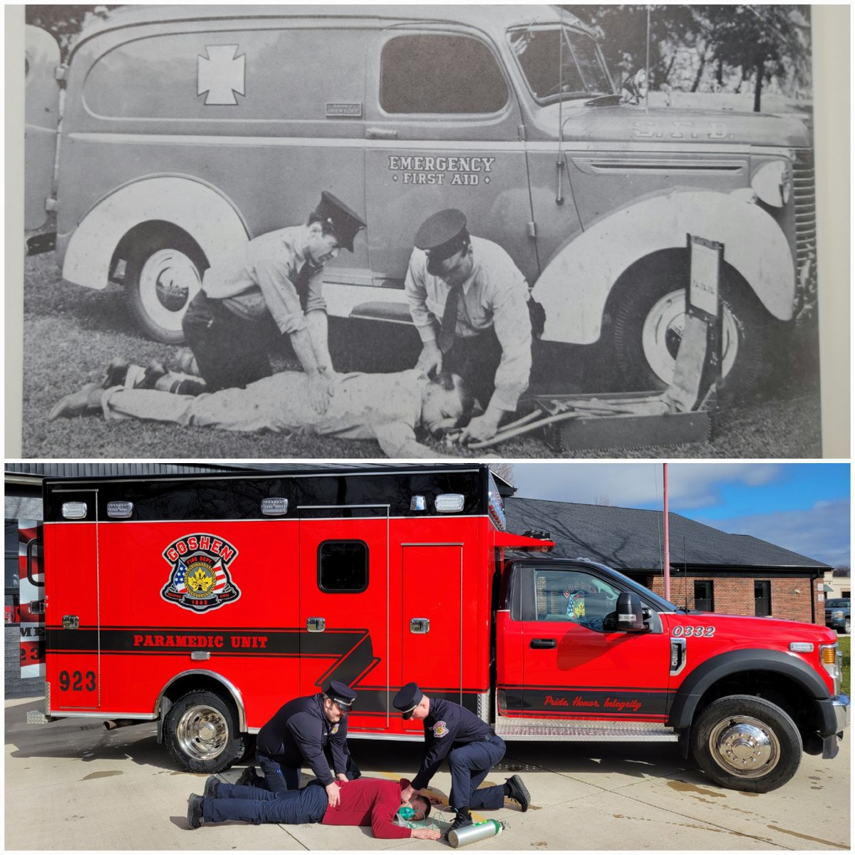 GoshenFF's tweet photo. In 1940 Goshen Fire Department received their first ambulance. In 2024 we put our newest ambulance in service and decided to do some recreation pictures! Crazy to see how far we have come in 84 years and excited to see where we will go. #local1443 #station3 #923 #newride https://t.co/0S0xOFaRfX