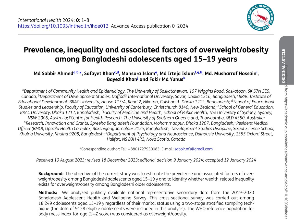 Md Sabbir Ahmed (@sabbir_usask) on Twitter photo Our latest article published in the International Health Journal by Oxford University Press looking at overweight/obesity among adolescents. <a href="/RSTMH/">Royal Society of Tropical Medicine and Hygiene</a>
doi.org/10.1093/inthea… Our latest article published in the International Health Journal by Oxford University Press looking at overweight/obesity among adolescents. <a href="/RSTMH/">Royal Society of Tropical Medicine and Hygiene</a>
doi.org/10.1093/inthea…