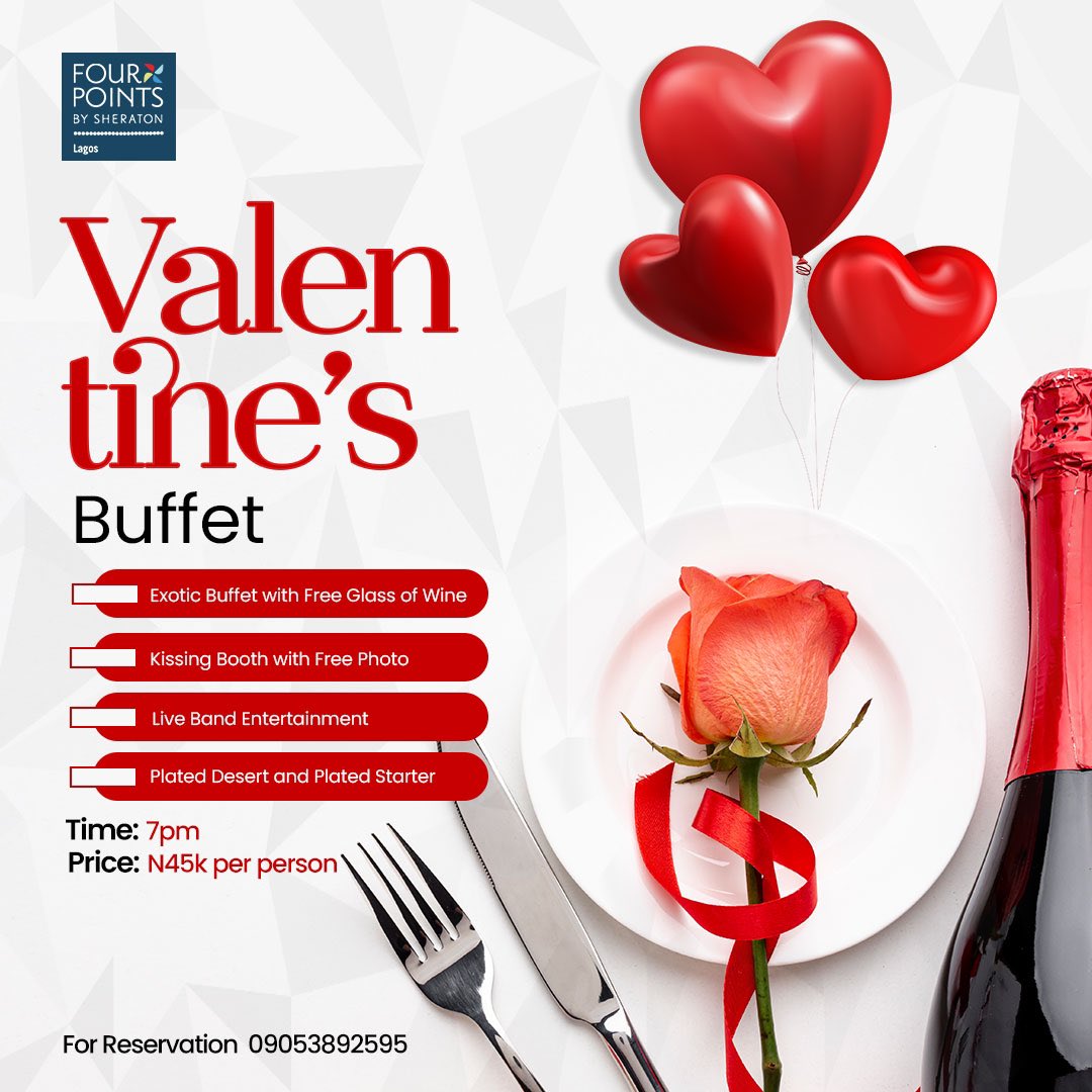 FourPointsLagos's tweet photo. Looking for a romantic ambiance to enjoyValentine with the one you’re so in love with? 

Join us for an enchanting buffet dinner this Valentine’s Day and create unforgettable memories with that special person.

For enquiries and table reservations;
Call or WhatsApp 09053892595 https://t.co/u9DVv0ffDo